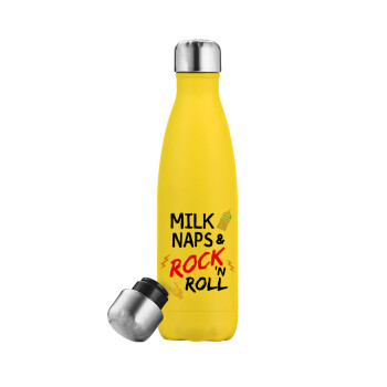 milk naps and Rock n' Roll, Μεταλλικό παγούρι θερμός Κίτρινος (Stainless steel), διπλού τοιχώματος, 500ml