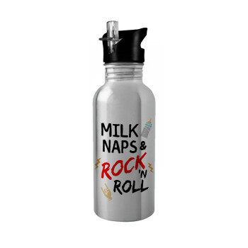milk naps and Rock n' Roll, Παγούρι νερού Ασημένιο με καλαμάκι, ανοξείδωτο ατσάλι 600ml