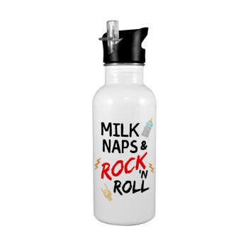 milk naps and Rock n' Roll, White water bottle with straw, stainless steel 600ml