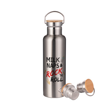 milk naps and Rock n' Roll, Stainless steel Silver with wooden lid (bamboo), double wall, 750ml