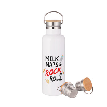 milk naps and Rock n' Roll, Μεταλλικό παγούρι θερμός (Stainless steel) Λευκό με ξύλινο καπακι (bamboo), διπλού τοιχώματος, 750ml