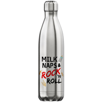 milk naps and Rock n' Roll, Μεταλλικό παγούρι θερμός Inox (Stainless steel), διπλού τοιχώματος, 750ml