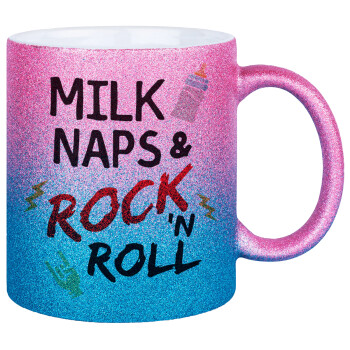 milk naps and Rock n' Roll, Κούπα Χρυσή/Μπλε Glitter, κεραμική, 330ml