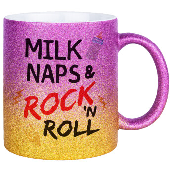 milk naps and Rock n' Roll, Κούπα Χρυσή/Ροζ Glitter, κεραμική, 330ml