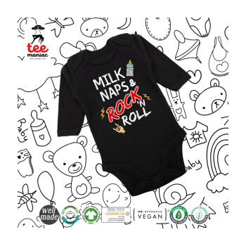 milk naps and Rock n' Roll, Μακρυμάνικο βρεφικό φορμάκι, 0-18 μηνών, ΜΑΥΡΟ, 100% Organic Cotton