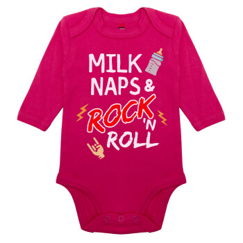 milk naps and Rock n' Roll, Μακρυμάνικο βρεφικό φορμάκι, 0-18 μηνών, ΡΟΖ, 100% Organic Cotton