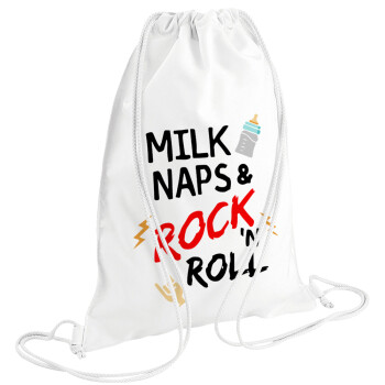 milk naps and Rock n' Roll, Τσάντα πλάτης πουγκί GYMBAG λευκή (28x40cm)