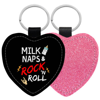 milk naps and Rock n' Roll, Μπρελόκ PU δερμάτινο glitter καρδιά ΡΟΖ
