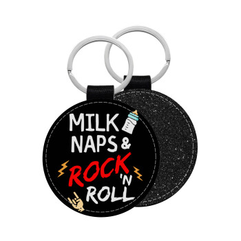 milk naps and Rock n' Roll, Μπρελόκ Δερματίνη, στρογγυλό ΜΑΥΡΟ (5cm)