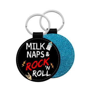 milk naps and Rock n' Roll, Μπρελόκ Δερματίνη, στρογγυλό ΜΠΛΕ (5cm)