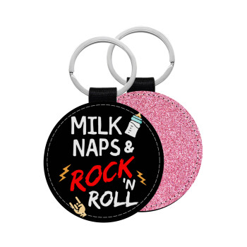 milk naps and Rock n' Roll, Μπρελόκ Δερματίνη, στρογγυλό ΡΟΖ (5cm)