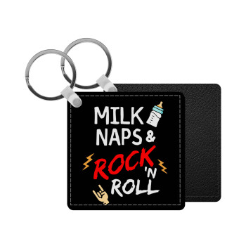 milk naps and Rock n' Roll, Μπρελόκ Δερματίνη, τετράγωνο ΜΑΥΡΟ (5x5cm)