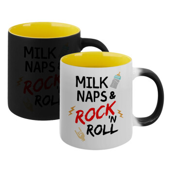 milk naps and Rock n' Roll, Κούπα Μαγική εσωτερικό κίτρινη, κεραμική 330ml που αλλάζει χρώμα με το ζεστό ρόφημα (1 τεμάχιο)