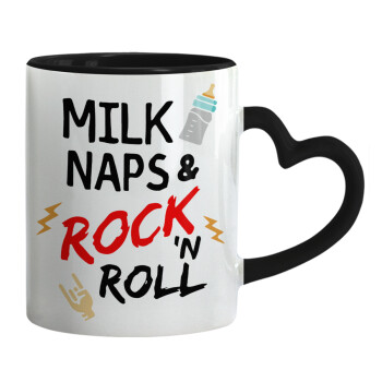 milk naps and Rock n' Roll, Κούπα καρδιά χερούλι μαύρη, κεραμική, 330ml