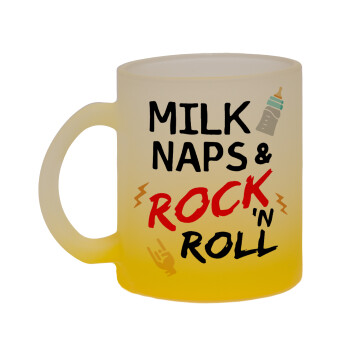 milk naps and Rock n' Roll, Κούπα γυάλινη δίχρωμη με βάση το κίτρινο ματ, 330ml