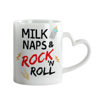 milk naps and Rock n' Roll, Κούπα καρδιά χερούλι λευκή, κεραμική, 330ml