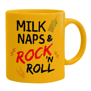 milk naps and Rock n' Roll, Ceramic coffee mug yellow, 330ml (1pcs)