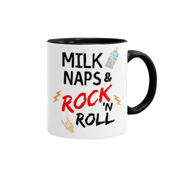 milk naps and Rock n' Roll, Κούπα χρωματιστή μαύρη, κεραμική, 330ml