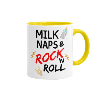 milk naps and Rock n' Roll, Κούπα χρωματιστή κίτρινη, κεραμική, 330ml