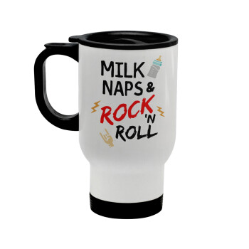 milk naps and Rock n' Roll, Κούπα ταξιδιού ανοξείδωτη με καπάκι, διπλού τοιχώματος (θερμό) λευκή 450ml
