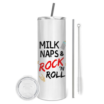 milk naps and Rock n' Roll, Tumbler ποτήρι θερμό από ανοξείδωτο ατσάλι 600ml, με μεταλλικό καλαμάκι & βούρτσα καθαρισμού