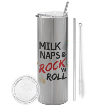 milk naps and Rock n' Roll, Eco friendly ποτήρι θερμό Ασημένιο (tumbler) από ανοξείδωτο ατσάλι 600ml, με μεταλλικό καλαμάκι & βούρτσα καθαρισμού