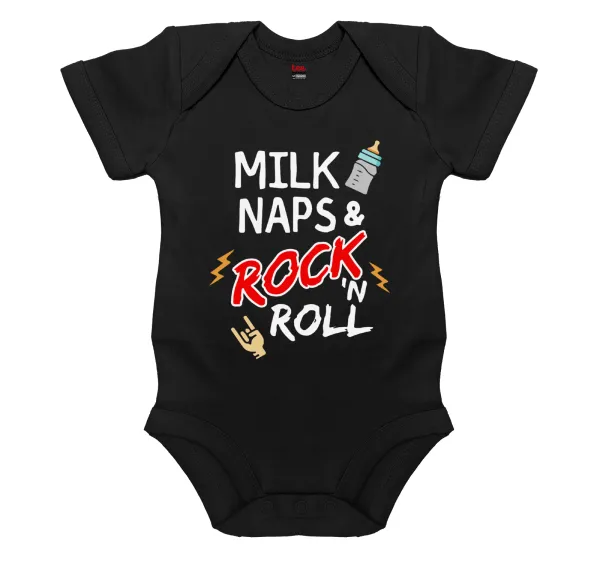 milk naps and Rock n' Roll — Βρεφικό φορμάκι μωρού, 0-18 μηνών, ΜΑΥΡΟ, 100% Organic Cotton, κοντομάνικο