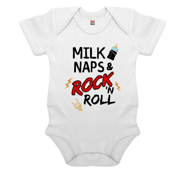 milk naps and Rock n' Roll — Βρεφικό φορμάκι μωρού, 0-24 μηνών, ΛΕΥΚΟ, 100% Organic Cotton, κοντομάνικο