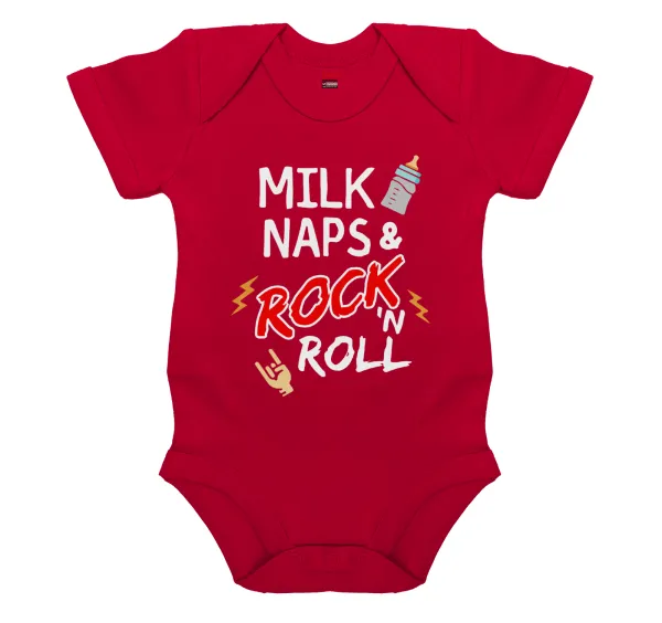 milk naps and Rock n' Roll — Βρεφικό φορμάκι μωρού,ΚΟΚΚΙΝΟ, 100% Organic Cotton, κοντομάνικο
