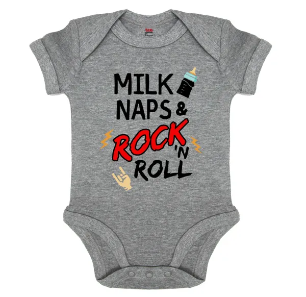 milk naps and Rock n' Roll — Βρεφικό φορμάκι μωρού, 0-18 μηνών, ΓΚΡΙ ΜΕΛΑΝΖΕ, 100% Organic Cotton, κοντομάνικο