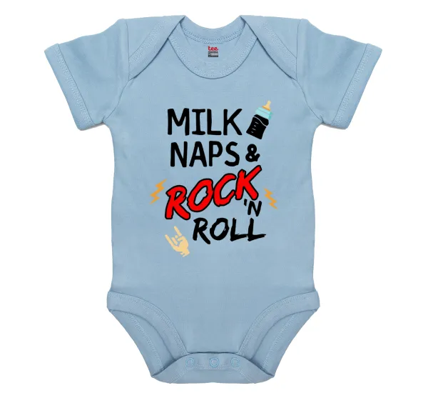 milk naps and Rock n' Roll — Βρεφικό φορμάκι μωρού, 0-18 μηνών, Μπλε, 100% Organic Cotton, κοντομάνικο