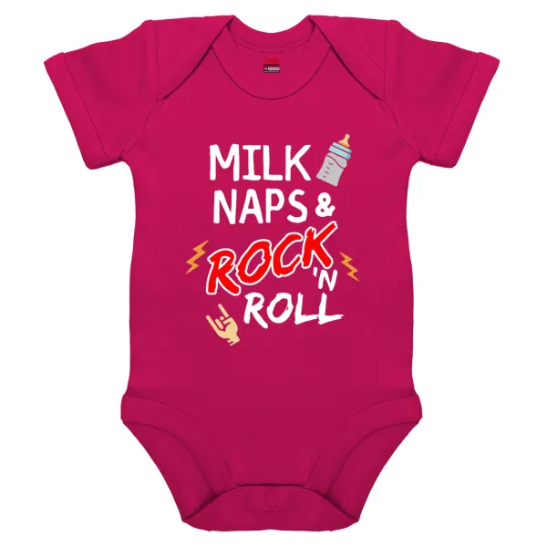 milk naps and Rock n' Roll — Βρεφικό φορμάκι μωρού, 0-18 μηνών, ΡΟΖ, 100% Organic Cotton, κοντομάνικο