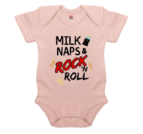 milk naps and Rock n' Roll — Βρεφικό φορμάκι μωρού, 0-18 μηνών, ΡΟΖ POWDER, 100% Organic Cotton, κοντομάνικο