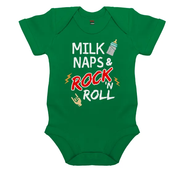 milk naps and Rock n' Roll — Βρεφικό φορμάκι μωρού, ΠΡΑΣΙΝΟ, 100% Organic Cotton, κοντομάνικο