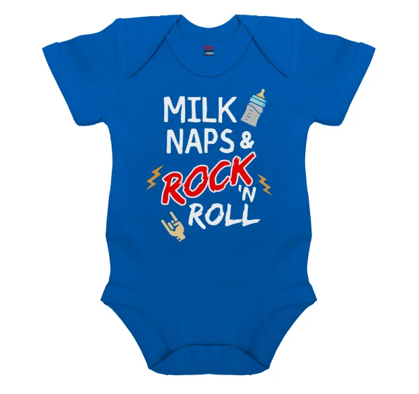 milk naps and Rock n' Roll — Βρεφικό φορμάκι μωρού, Μπλε Κοβαλτίου, 100% Organic Cotton, κοντομάνικο