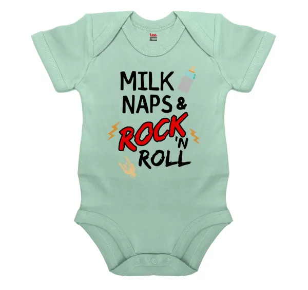milk naps and Rock n' Roll — Βρεφικό φορμάκι μωρού, 0-18 μηνών, mint, 100% Organic Cotton, κοντομάνικο