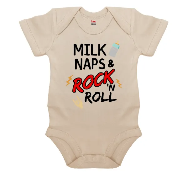 milk naps and Rock n' Roll — Βρεφικό φορμάκι μωρού, 0-18 μηνών, Natural, 100% Organic Cotton, κοντομάνικο