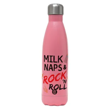 milk naps and Rock n' Roll, Μεταλλικό παγούρι θερμός Ροζ Ματ (Stainless steel), διπλού τοιχώματος, 500ml