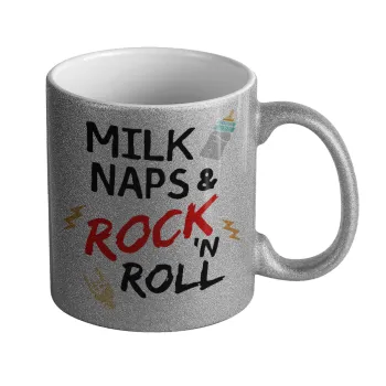 milk naps and Rock n' Roll, Κούπα Ασημένια Glitter που γυαλίζει, κεραμική, 330ml