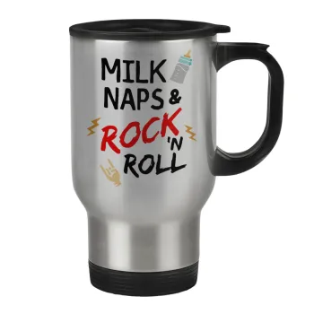 milk naps and Rock n' Roll, Κούπα ταξιδιού ανοξείδωτη με καπάκι, διπλού τοιχώματος (θερμό) 450ml