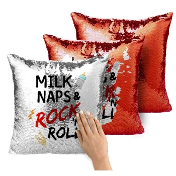 milk naps and Rock n' Roll, Μαξιλάρι καναπέ Μαγικό Κόκκινο με πούλιες 40x40cm περιέχεται το γέμισμα