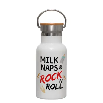 milk naps and Rock n' Roll, Μεταλλικό παγούρι θερμός (Stainless steel) Λευκό με ξύλινο καπακι (bamboo), διπλού τοιχώματος, 350ml