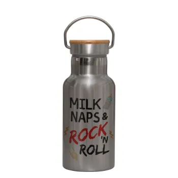 milk naps and Rock n' Roll, Stainless steel metallic thermos flask, silver with a bamboo lid, double-walled, 350ml.