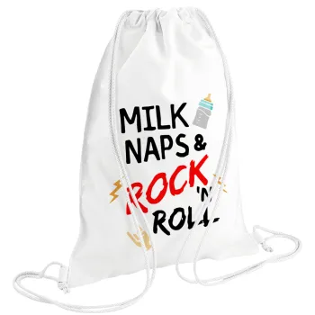 milk naps and Rock n' Roll, Τσάντα πλάτης πουγκί GYMBAG λευκή (28x40cm)