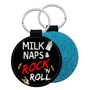 milk naps and Rock n' Roll, Μπρελόκ Δερματίνη, στρογγυλό ΜΠΛΕ (5cm)