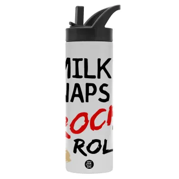 milk naps and Rock n' Roll, Μεταλλικό παγούρι θερμός με καλαμάκι & χειρολαβή, ανοξείδωτο ατσάλι (Stainless steel 304), διπλού τοιχώματος, 600ml