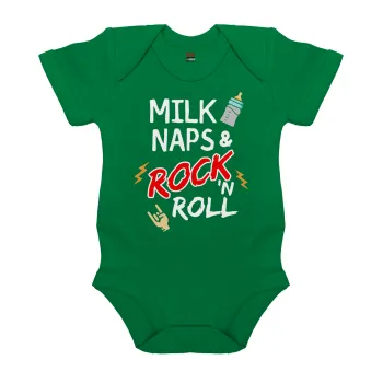 milk naps and Rock n' Roll, Βρεφικό φορμάκι μωρού, ΠΡΑΣΙΝΟ, 100% Organic Cotton, κοντομάνικο