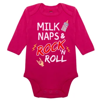 milk naps and Rock n' Roll, Μακρυμάνικο βρεφικό φορμάκι, 0-18 μηνών, ΡΟΖ, 100% Organic Cotton