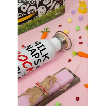 milk naps and Rock n' Roll, Πασχαλινή Λαμπάδα με παγούρι μεταλλικό (620ml, stainless steel) & κερί αρωματικό πλακέ (30cm) (ΡΟΖ)