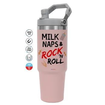 milk naps and Rock n' Roll, Pink color, 890ml (30oz) stainless Steel Tumbler with Handle